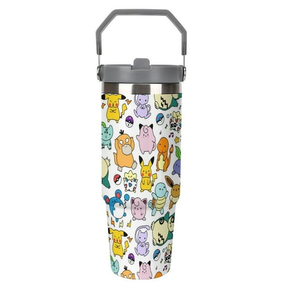 Pokmon Pikachu 30oz Stainless Steel Tumblers with Flip Straw & Handle, Insulated Double Walled Water Bottle for Home, Office, Car, Leak Proof, Reusable