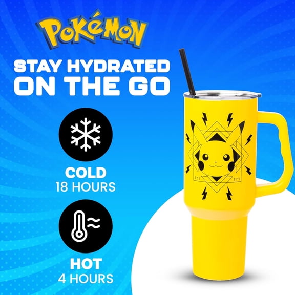 Pokémon Pikachu Lightning Double Walled Stainless Steel Tumbler with Handle Featuring Pikachu, Fits in Standard Cup Holder, 40 Ounces