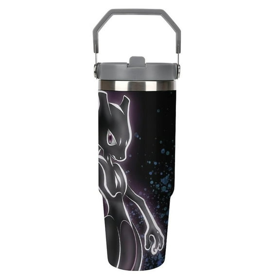 Pokmon Pikachu Mewtwo15 Stainless Steel Tumbler Car Cup 30 Oz with Handles, Vacuum Insulated Water Bottle for Home, Office Reusable Cup with Straw Leak Resistant Flip