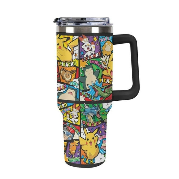 Pokmon-Pikachu Panels Tumbler with Handle and Straw Large 40 oz, Stainless Steel Double Wall Insulated Leakproof Travel Mug Keeps Drinks Hot or Cold BPA-Free