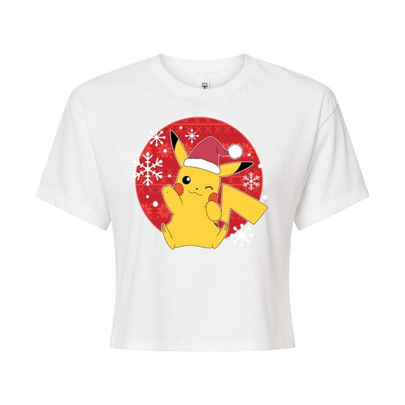 Pokémon - Pikachu Santa Hat Ugly Sweater - Juniors Cropped Cotton Blend T-Shirt