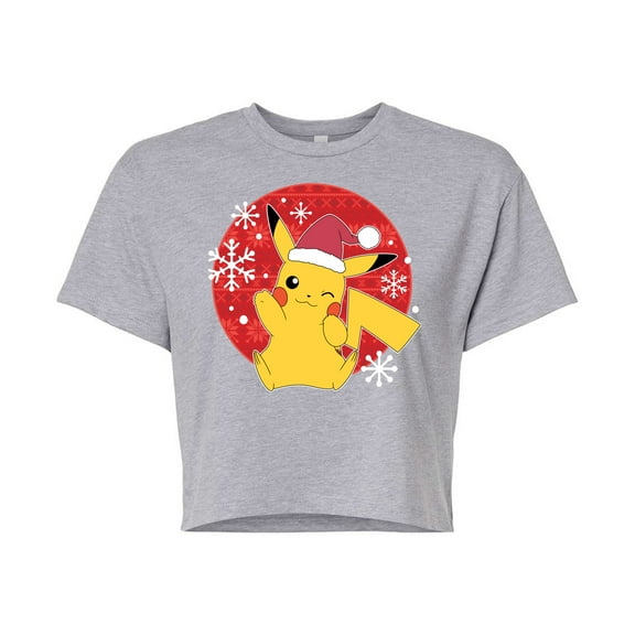 Pokémon - Pikachu Santa Hat Ugly Sweater - Juniors Cropped Cotton Blend T-Shirt