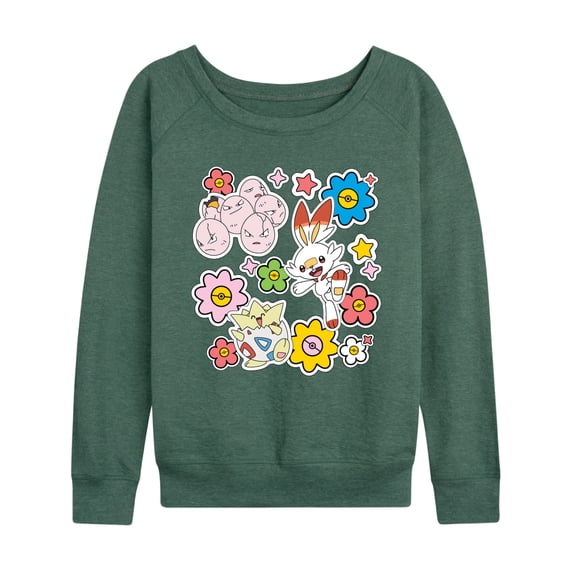 Pokémon - Pokémon Spring Stickers Women's Lightweight French Terry Wide Neck Long Sleeve Graphic Shirt