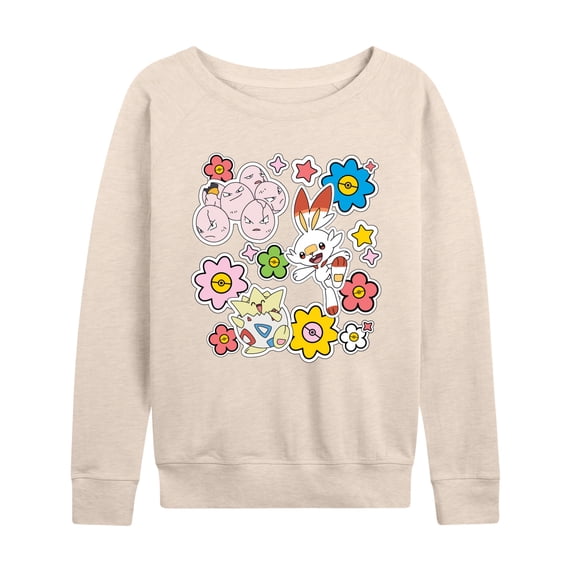 Pokémon - Pokémon Spring Stickers Women's Lightweight French Terry Wide Neck Long Sleeve Graphic Shirt