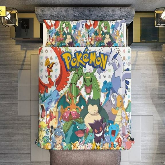 Pokémon Set with 2 Pillowcases for All Seasons,Bedding Set 3pcs for Kids Boys Girls Bedroom Decor,79"x90"