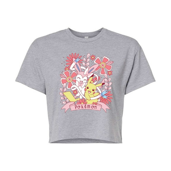 Pokémon - Valentine Florals Pikachu Sylveon - Juniors Cropped Graphic T-Shirt