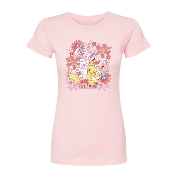 Pokémon - Valentine Florals Pikachu Sylveon - Juniors Fitted Graphic T-Shirt