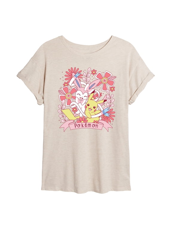 Pokémon - Valentine Florals Pikachu Sylveon - Women's Oversized Graphic T-Shirt