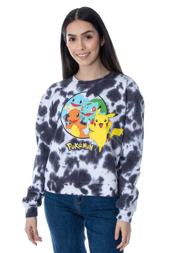 Pokémon Women's Pikachu Bulbasaur Charmander Squirtle Cropped Tie-Dye Shirt Long Sleeve Pullover Top