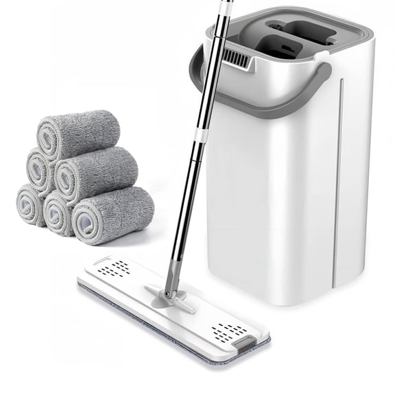 PokEpic Flat Mop and 4L Bucket Set for Hard Floors, Dual-Chamber Hands-Free Wash and Dry System, 360 Swivel Head, 6 Washable Microfiber Pads