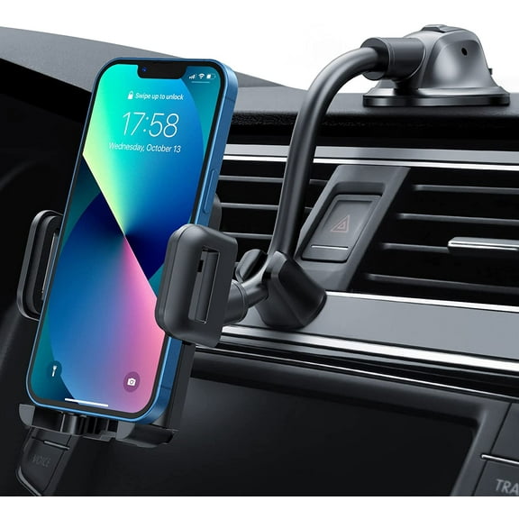 Pokanic Car Cell Phone Mount Stand Holder Cradle Dashboard Windshield Washable Sticky Gel Pad 360 Rotation Three-Side Grips Universal (Windshield Long Mount)