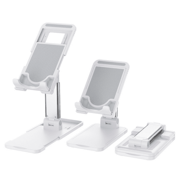 Pokanic Cell Phone Tablet Stand Mount Fully Foldable Dock Holder Cradle Charger Station Desk Room Office School Kitchen Travel Portable Adjustable Multi-Angle Non-Slip Durable Stable (White)