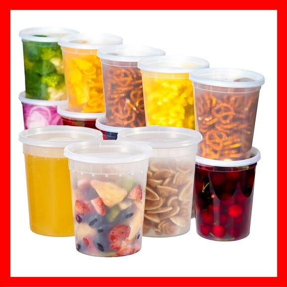 Pokanic Food Storage Containers [10 Set] 32 oz Plastic Deli Containers with Lids Slime Soup Meal Prep Reusable | BPA Free | Stackable | Leakproof | Microwave/Dishwasher/Freezer Safe (10 Set, 32 oz)