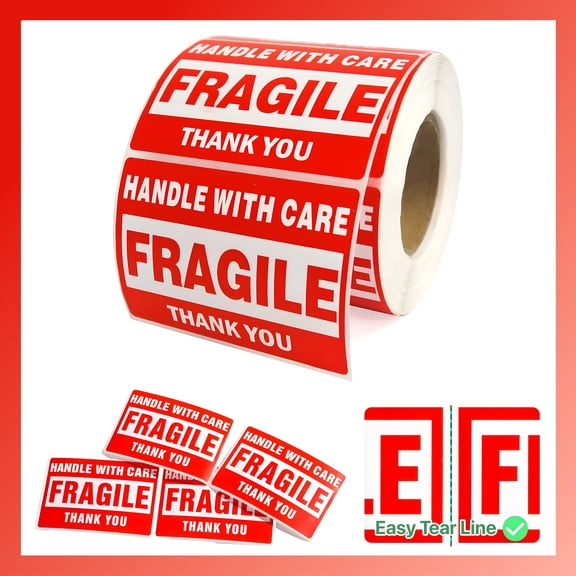 Pokanic Fragile Adhesive Labels, 2x3 Inch, 500 Stickers, Red, Handle with Care, Permanent for Shipping