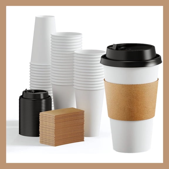 Pokanic Paper White Cups 16 oz 25 Set with Lids and Sleeves, Disposable Hot & Cold Cups for Coffee, Tea, Water, Office, Home, Cafe