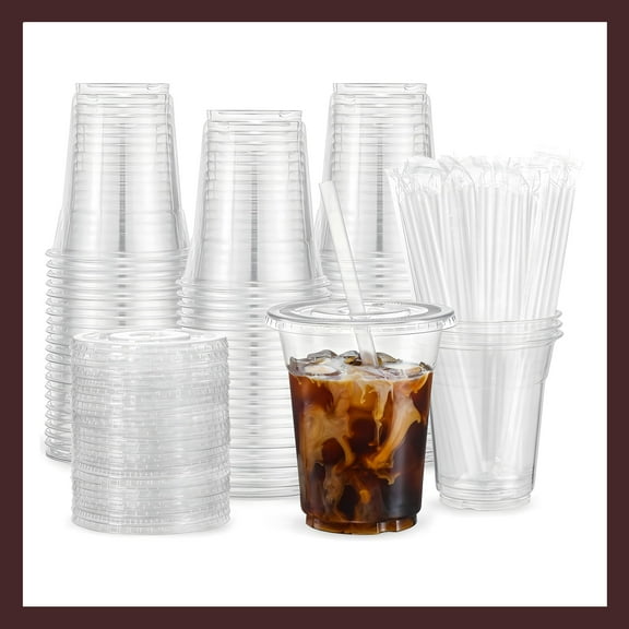 Pokanic Plastic Clear Cups 12 oz with Lids and Straws 50 Set Disposable Cold Beverage Drinking Iced Coffee Water Juice Tea Party Travel Cafe Restaurant School Office Home Kitchen (50 Set, 12 oz)