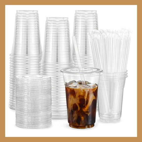 Pokanic Plastic Clear Cups 16 oz with Lids and Straws 250 Set Disposable Cold Beverage Drinking Iced Coffee Water Juice Tea Party Travel Cafe Restaurant School Office Home Kitchen (250 Set, 16 oz)