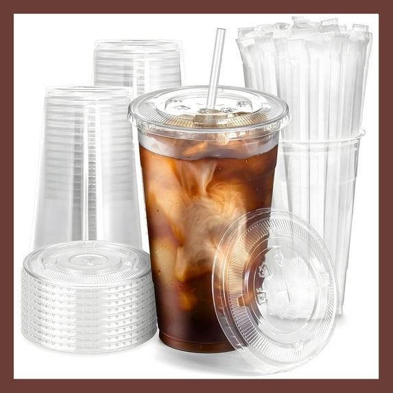 Pokanic Plastic Clear Cups 24 oz with Lids and Straws 25 Set Disposable Cold Beverage Drinking Iced Coffee Water Juice Tea Party Travel Cafe Restaurant School Office Home Kitchen (25 Set, 24 oz)
