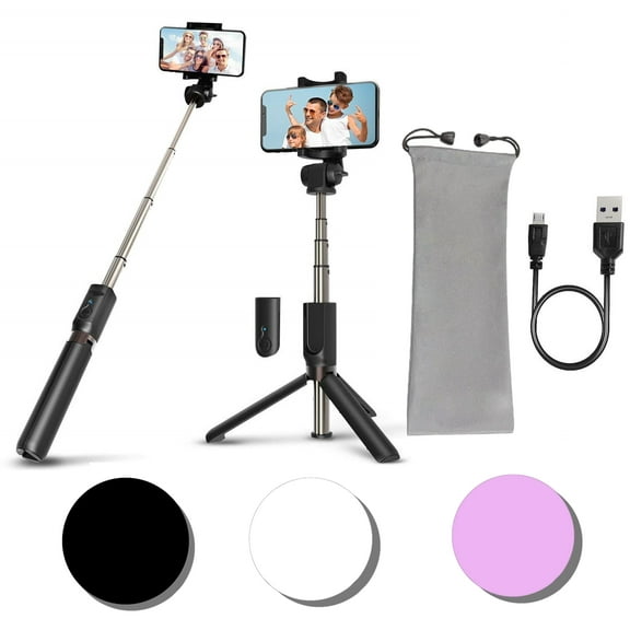 Pokanic Selfie Stick Tripod with Bluetooth Wireless Remote Shutter Control Pouch Extendable Adjustable Stand Mount Compatible with All Apple iPhone, Samsung Galaxy, Cell Phones (Black)