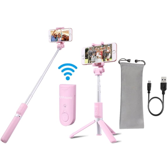 Pokanic Selfie Stick Tripod with Bluetooth Wireless Remote Shutter Control Pouch Extendable Adjustable Stand Mount Compatible with All Apple iPhone, Samsung Galaxy, Cell Phones (Pink)