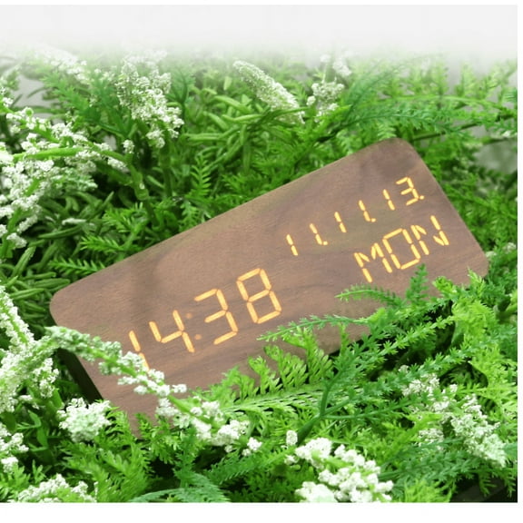 Pokanic Wood Digital Alarm Clock with LED Display, Date, Temperature, Nightlight for Bedroom, Office, Home