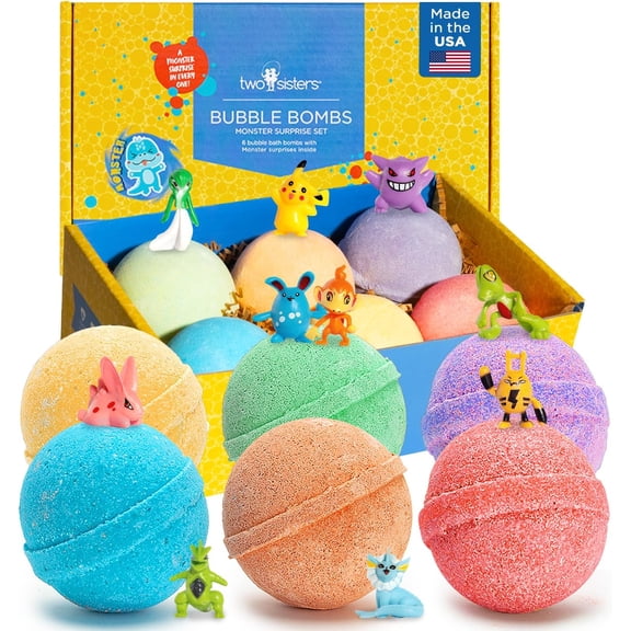 Poke Monster Bath Bombs for Kids with Surprise Inside (6 Pack) - Large Bubble Bath Bomb for Boys & Girls - Fruity Scent, Skin-Safe, USA Made, Children and Boys Valentines Gift by Two Sisters