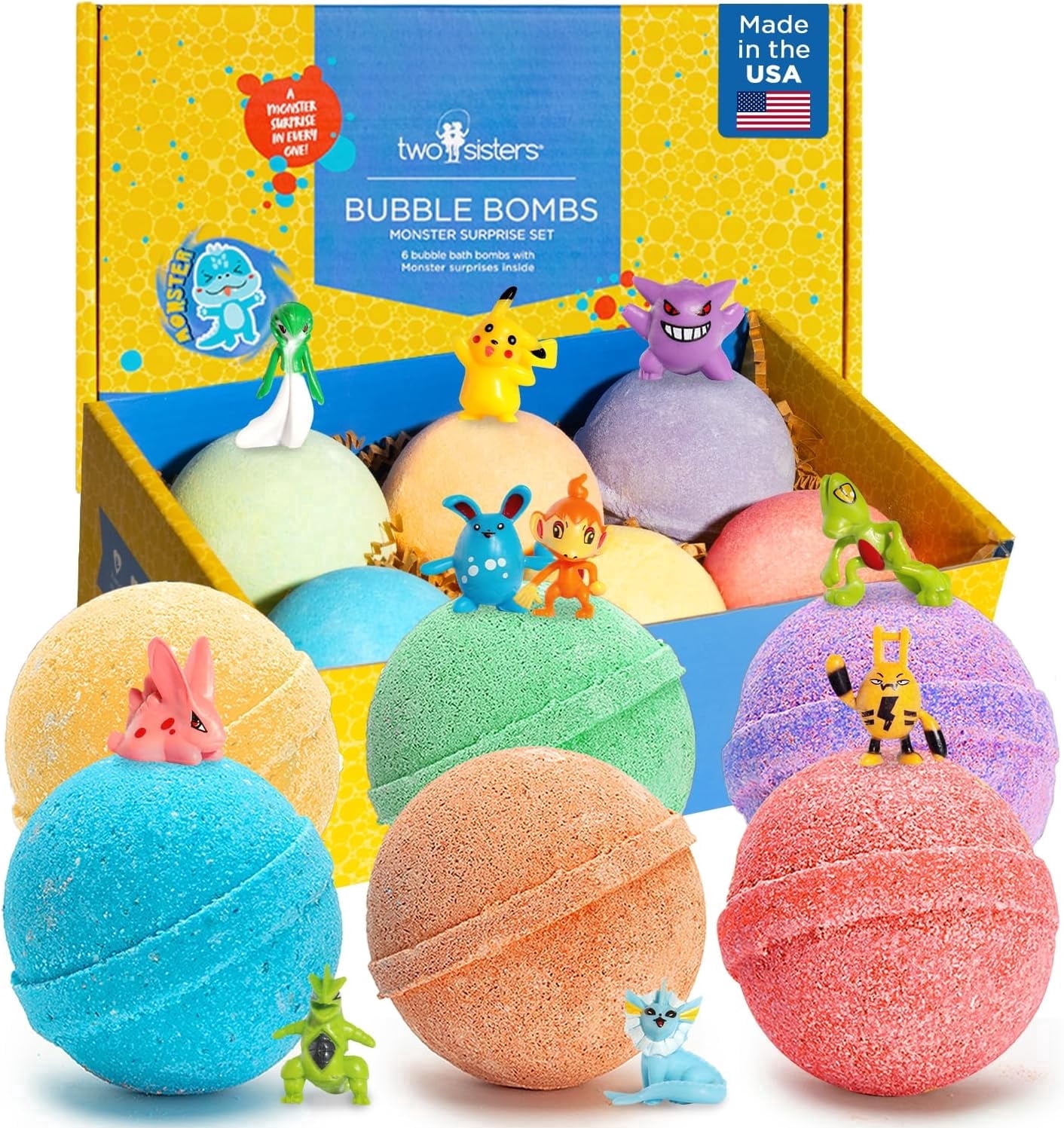 Poke Monster Bath Bombs for Kids with Surprise Inside (6 Pack) - Large Bubble Bath Bomb for Boys & Girls - Fruity Scent, Skin-Safe, USA Made, Children and Boys Valentines Gift by Two Sisters