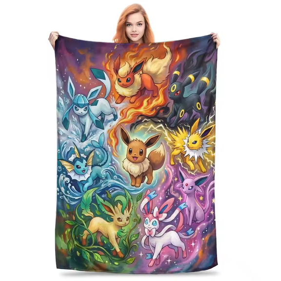 Poke.mon Eevee Anime Blanket, Cozy Winter Flannel Throw for Bedroom Decor