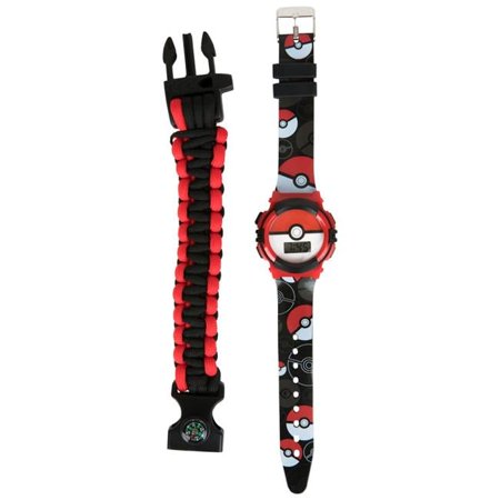 Pokeball LCD Watch with Corded Survival Band, Red & Black
