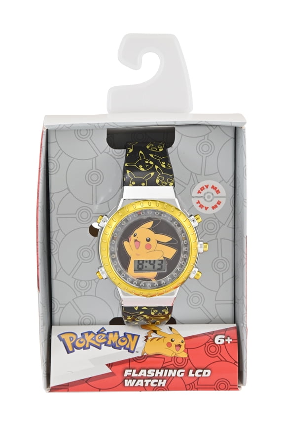 Pikachu Unisex Child Yellow and Black LCD Flashing Bezel Watch, POK4258WM