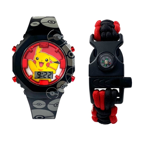 Pokémon Pikachu Unisex Child Red and Black LCD Watch and Survival Bracelet Set, POK40069WM
