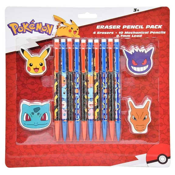 Pokemon 10pk Mechanical Pencils with 4 Shaped Erasers on Card
