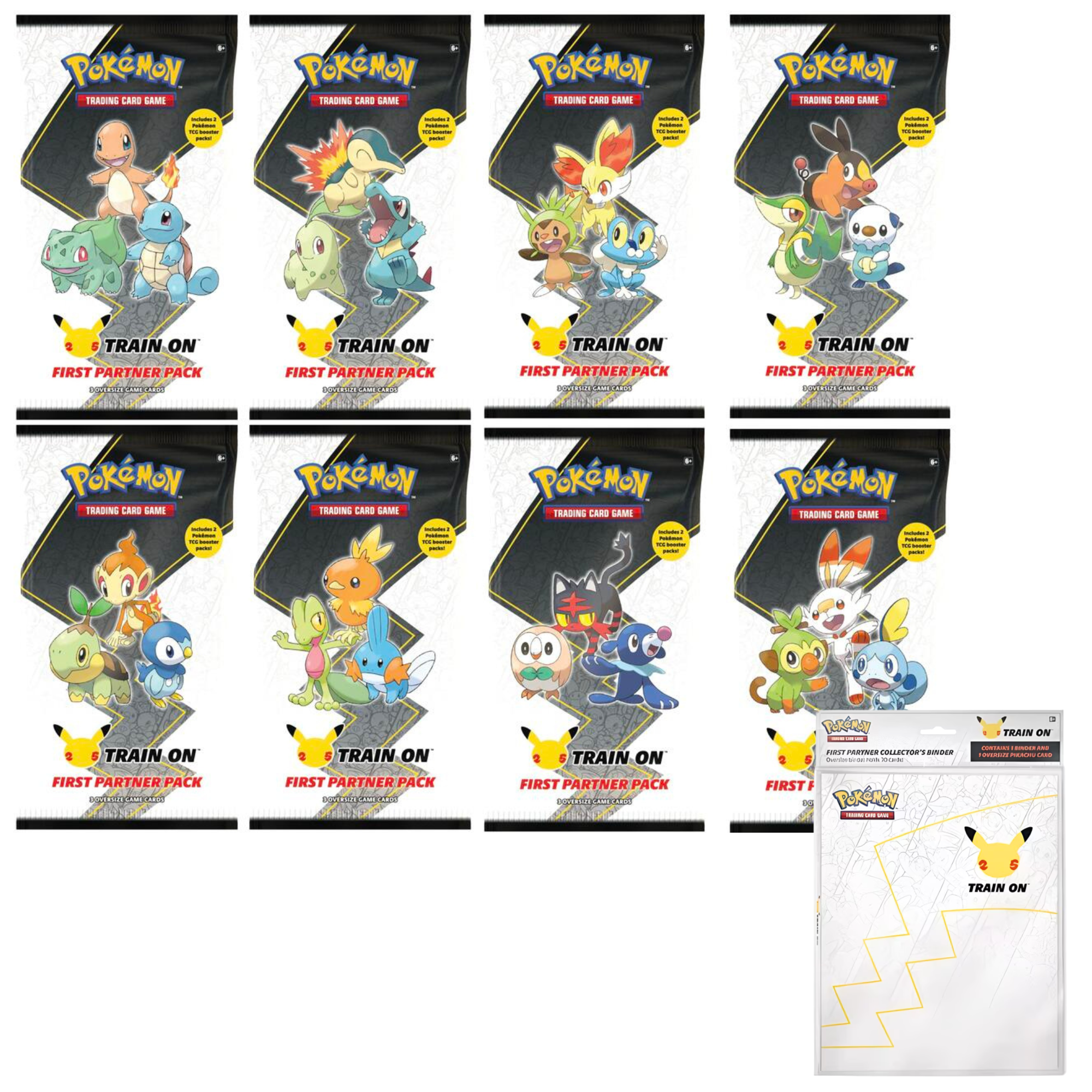 25th anniversary pokemon cards binder First Partner Packs (Set of 8) and Collector's free non Pokémon 25th Anniversary Binder (Used)
