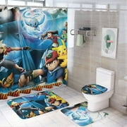 Pokemon 4-piece cute cartoon shower curtain set with non-slip rug, toilet seat cover and bathroom mat, cute bathroom set decoration 72*72 inch