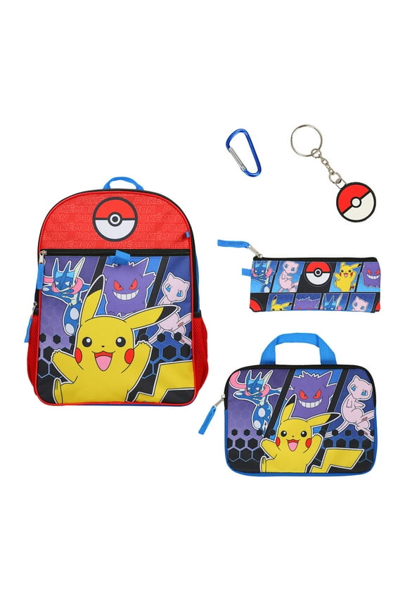 Pokemon 5-Piece Set: 16 Backpack Padded Utility Case Small Utility Case Rubber Keychain and Carabiner
