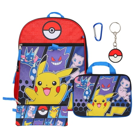 Pokemon 5-Piece Set: 16 Backpack Padded Utility Case Small Utility Case Rubber Keychain and Carabiner