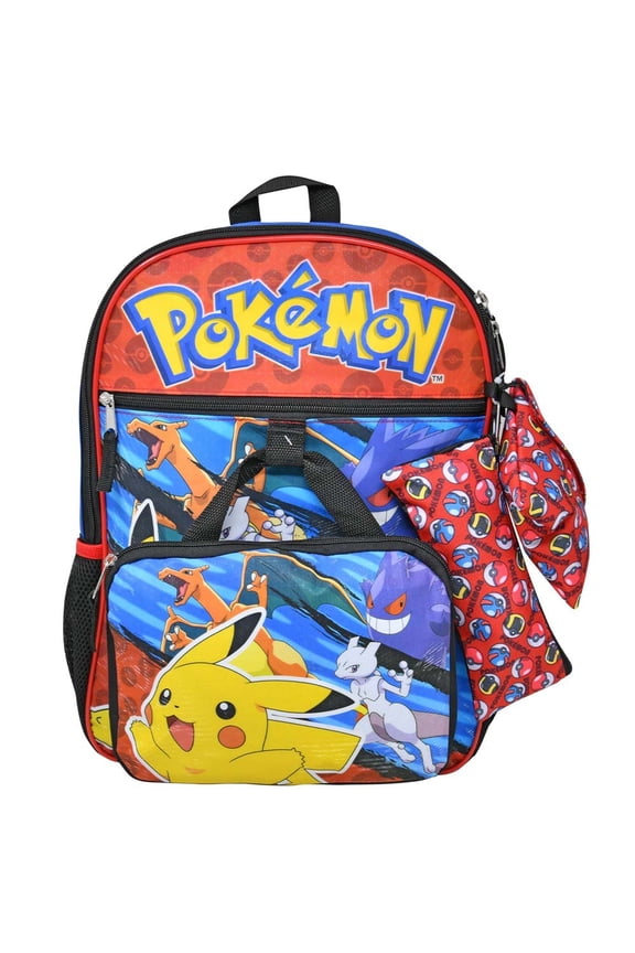 Pokemon 5pc 16" Backpack Set Keychain, Utility Case, 2 Zipper pouches
