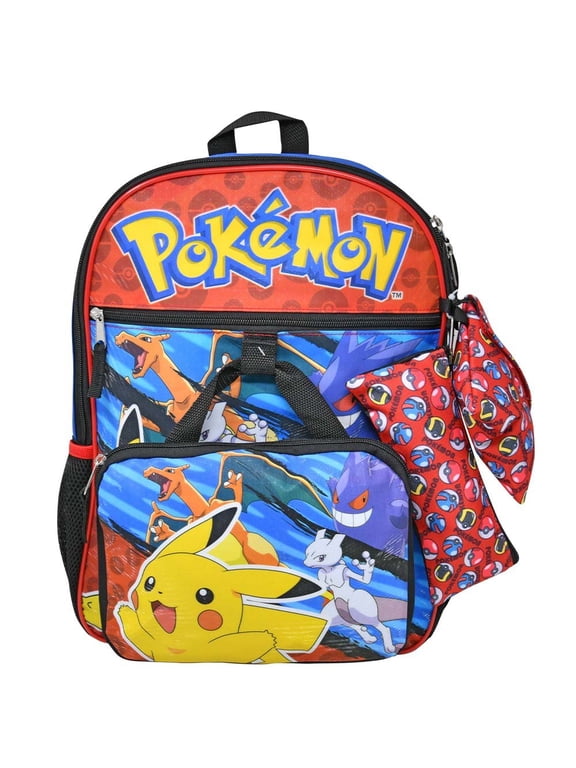 Pokemon 5pc 16" Backpack Set Keychain, Utility Case, 2 Zipper pouches