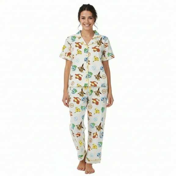Pokemon All-Over Print Women’s Button-Down Shirt And Pants 2-Piece Pajama Set-XXL