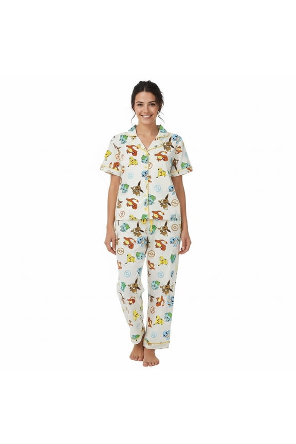 Pokemon All-Over Print Women’s Button-Down Shirt And Pants 2-Piece Pajama Set-XXL