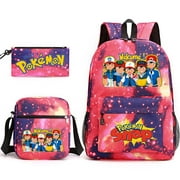 Pokemon Anime Backpacks Sets, Cartoon Animal Laptop Backpack Daypack 3D Printed Schoolbag 3 Piece for Kid Toddler Girls Boys Teens School Bookbag Combo Set with Lunch Box and Pencil Case