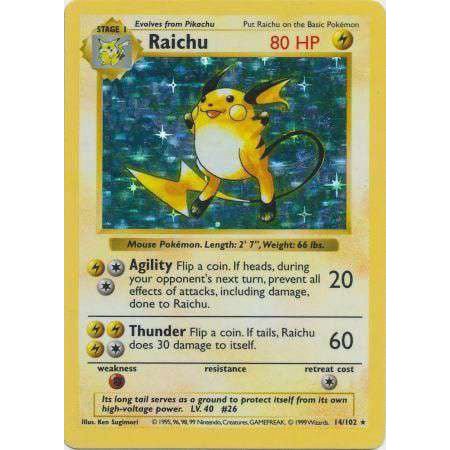 Pokemon Base Set Rare Holo Raichu #14 (Shadowless Heavily Played)
