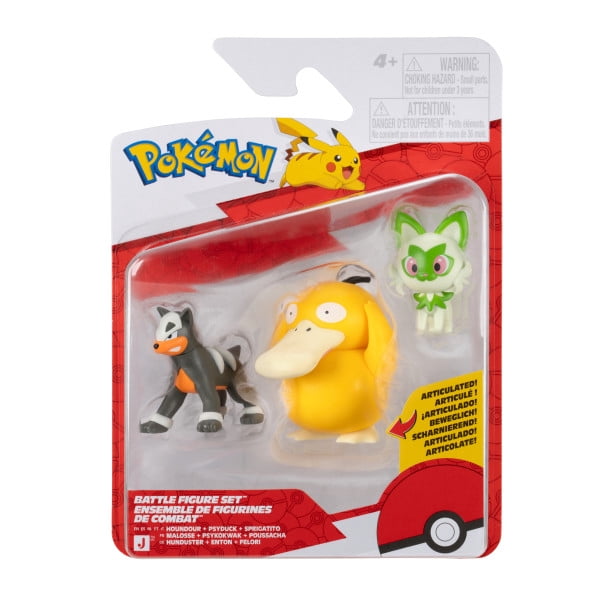 Pokemon Battle Figure 3 Pack - Features 2-Inch Sprigatito and Houndour and 3-Inch Psyduck Battle Figures