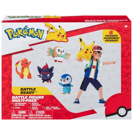 Pokemon: Battle Ready Figure Multi-Pack - 6 Pack Collectible Miniatures, 4.5" Ash & Launching Pikachu, 2" Charmander-Rowlet-Piplup-Zorua, Kids 4+