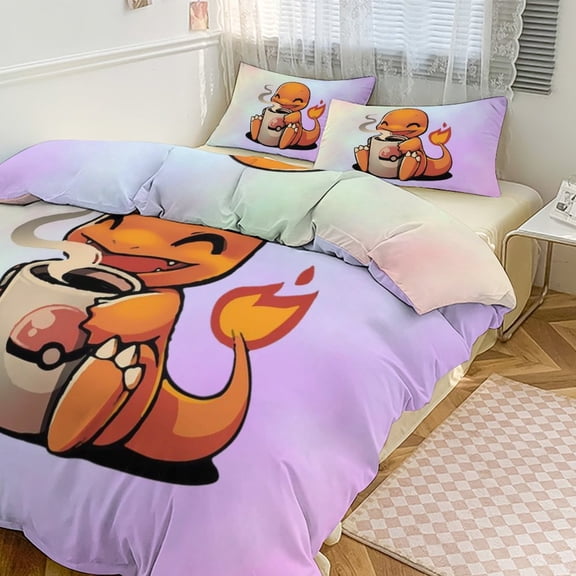Pokemon Bedding Set Anime Three-piece for Boys Girls Teens Full
