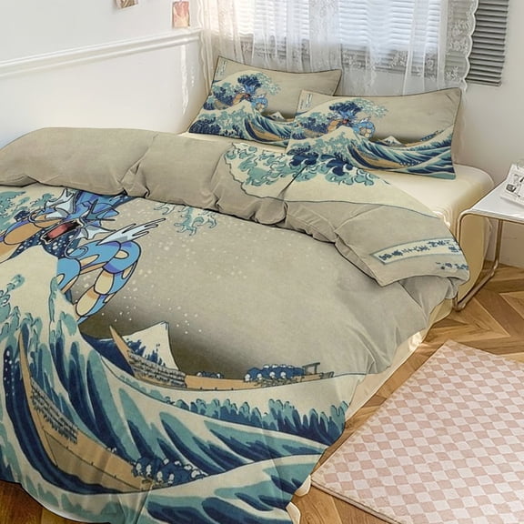 Pokemon Bedding Set Anime Three-piece for Boys Girls Teens Queen