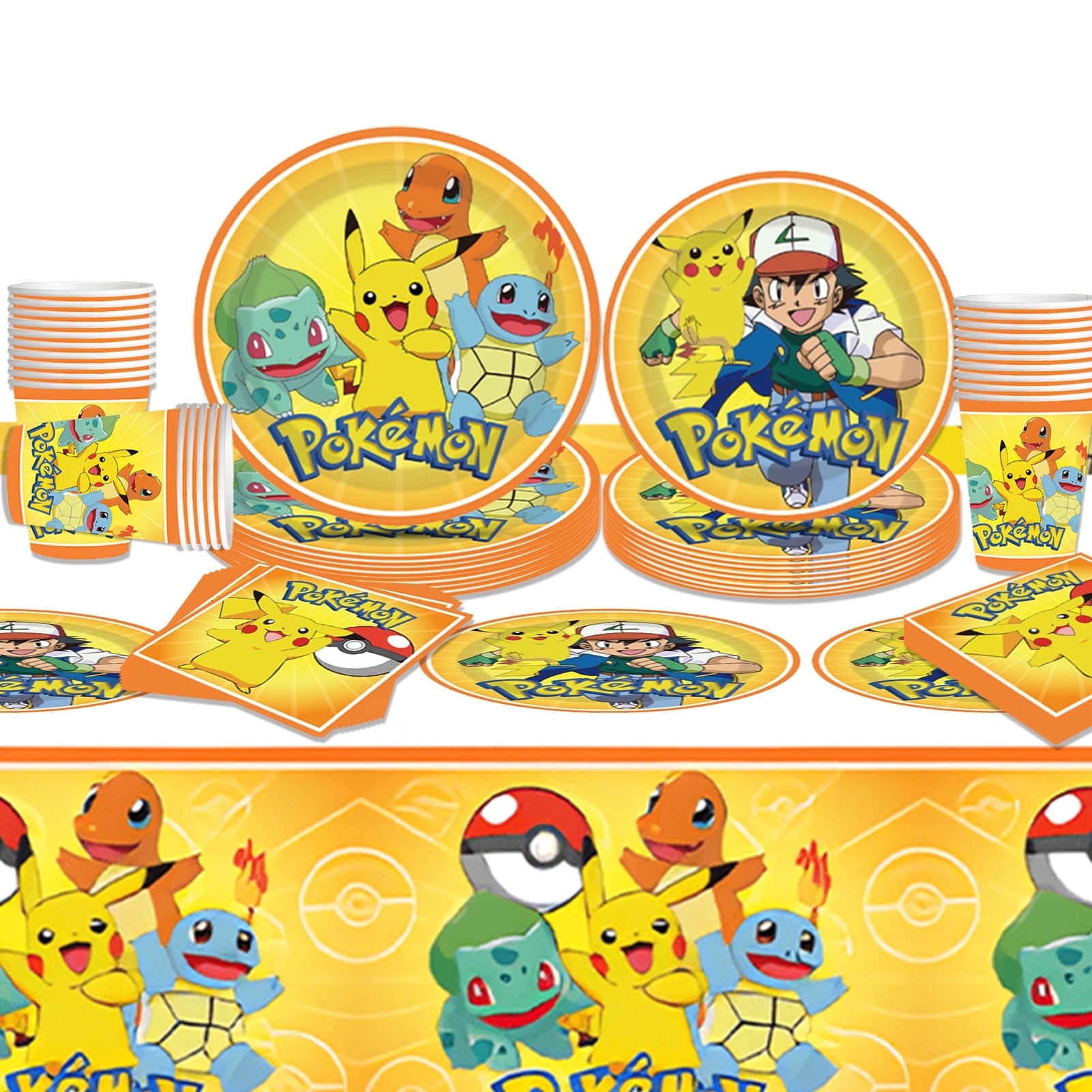 Forfamy Pokemon Birthday Party Decorations, Cartoon Animation Birthday Party Supplies Includes Plates Napkins Tablecloth Pokemon Themed Party Tableware Set, 81Pcs Serves 20
