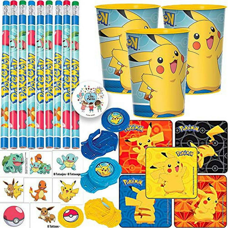 Pokemon Birthday Party Favor Pack And Goodie Bag Fillers For 12 With  Pencils, Favor Cups, Tattoos, Stickers, Disc Shooters, and Exclusive Pin
