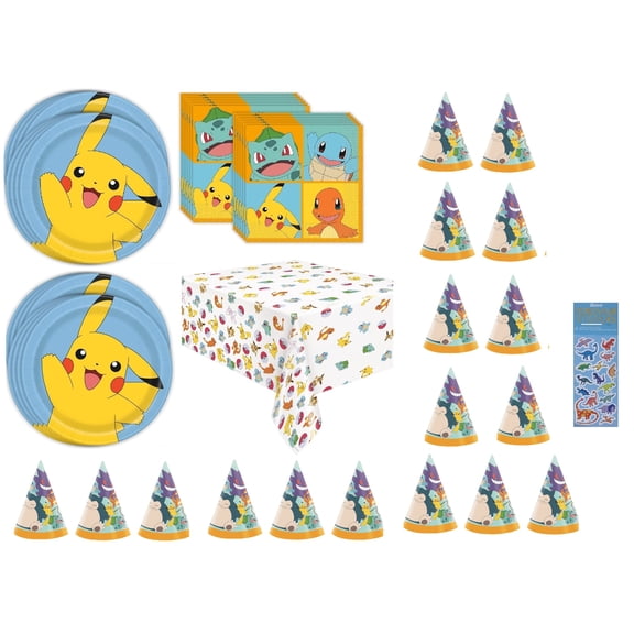 Pokemon Birthday Party Supplies Bundle Includes 16 Party Paper Plates 9", 16 Paper Napkins 2-Ply 6.5", 16 Kid's Party Paper Hats, 1 Table Cover, 1 Dinosaur Sticker Sheet