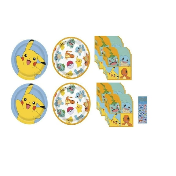 Pokemon Birthday Party Supplies Bundle Pack Includes 16 Dessert Paper Cake Plates, 16 Lunch Plates, 32 Napkins 7", 1 Dinosaur Sticker Sheet